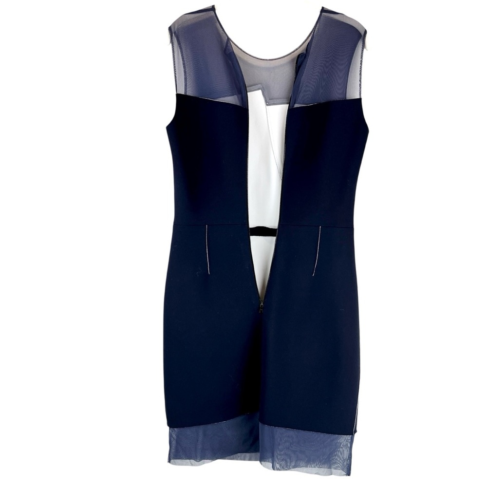 Sandro Paris Rhode Dress Asymmetrical Mesh Illusion Neckline Hemline Navy Sz 6/8 - Picture 4 of 13